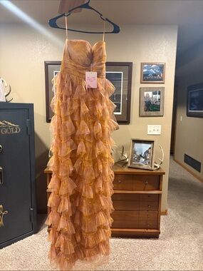 Hello Molly Layered Ruffle Peachy Orange Strapless Evening Gown